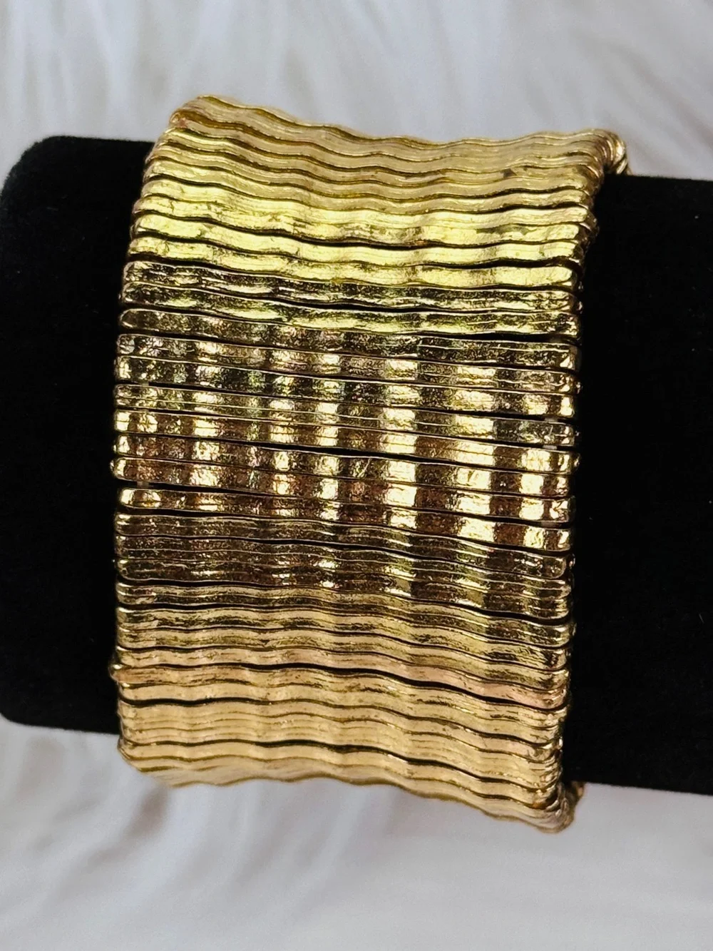 Goldtone Textured Wide Cuff Stretch Bracelet